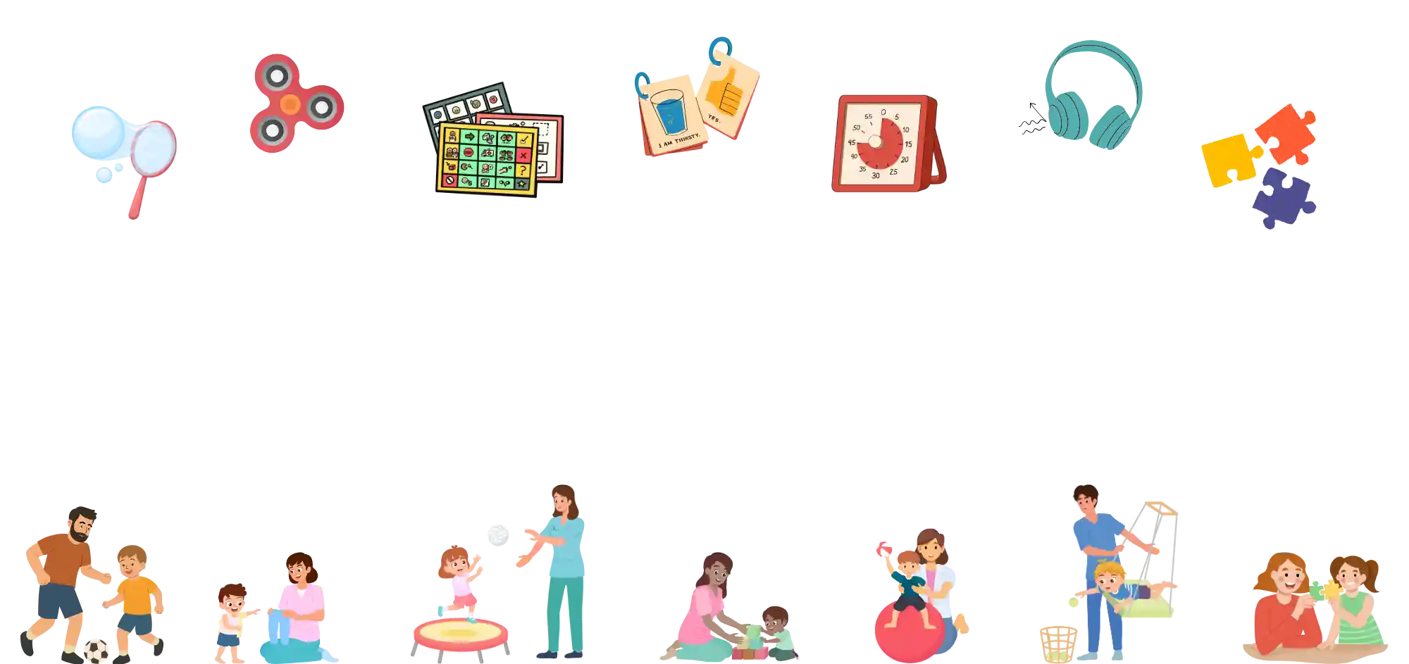 achtergrond afbeelding met illustraties van verschillende soorten speelgoed die in verband staan met neurodiverse kinderen (autisme voornamelijk)